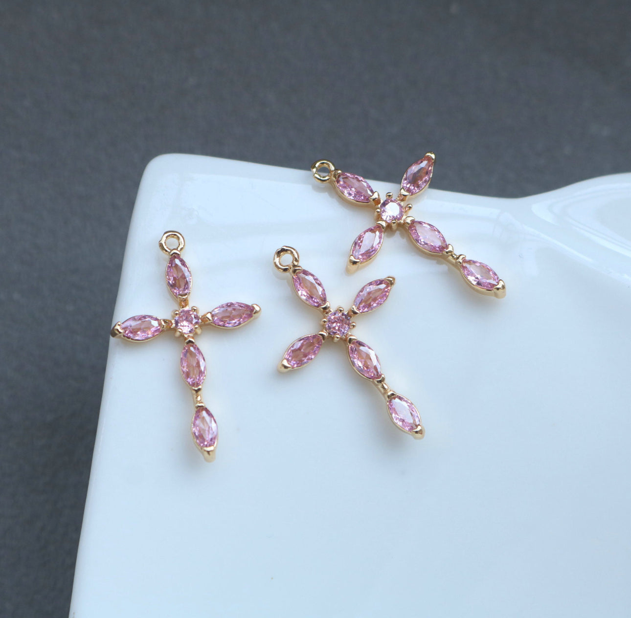 SS 1984 pink Zircon cross pendant 14k gold plated charm ( 1 pc ) - anti tarnish