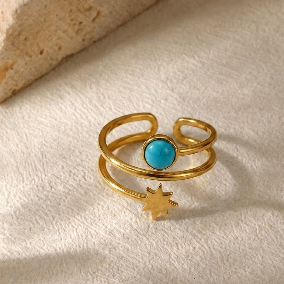 RSJ24B DOUBLE LAYER STAR Adjustable Ring - 18K Gold PVD plated 316 stainless steel - Anti tarnish