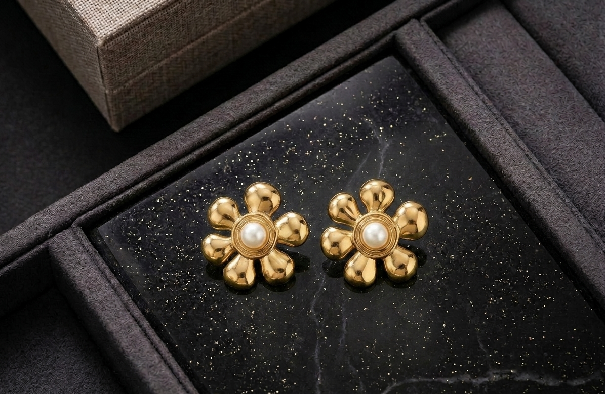ESJ19D FLORAL PEARL EARRING - 18K GOLD PVD plated 316 stainless steel - Anti tarnish (2PC)