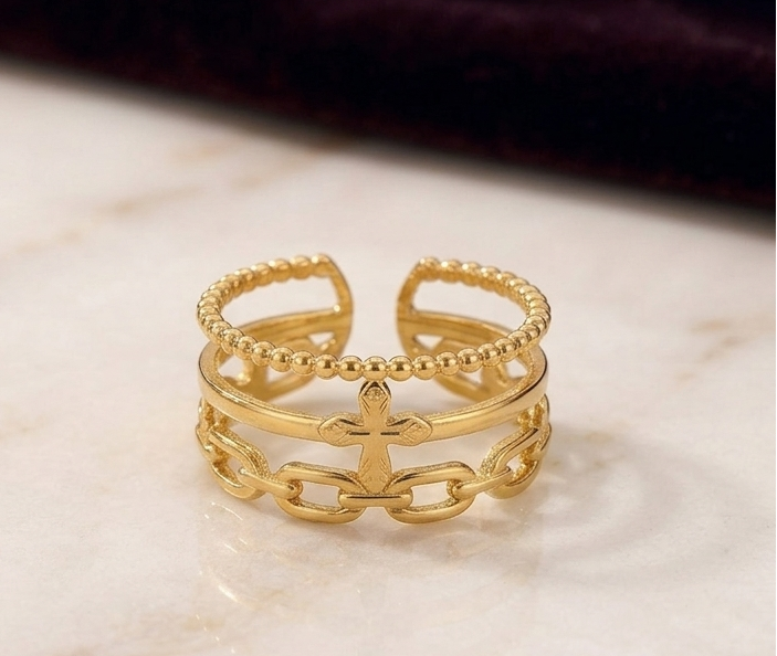 RSJ21C Triple layer cross Adjustable Ring - 18k Gold PVD plated 316 stainless steel - Anti tarnish