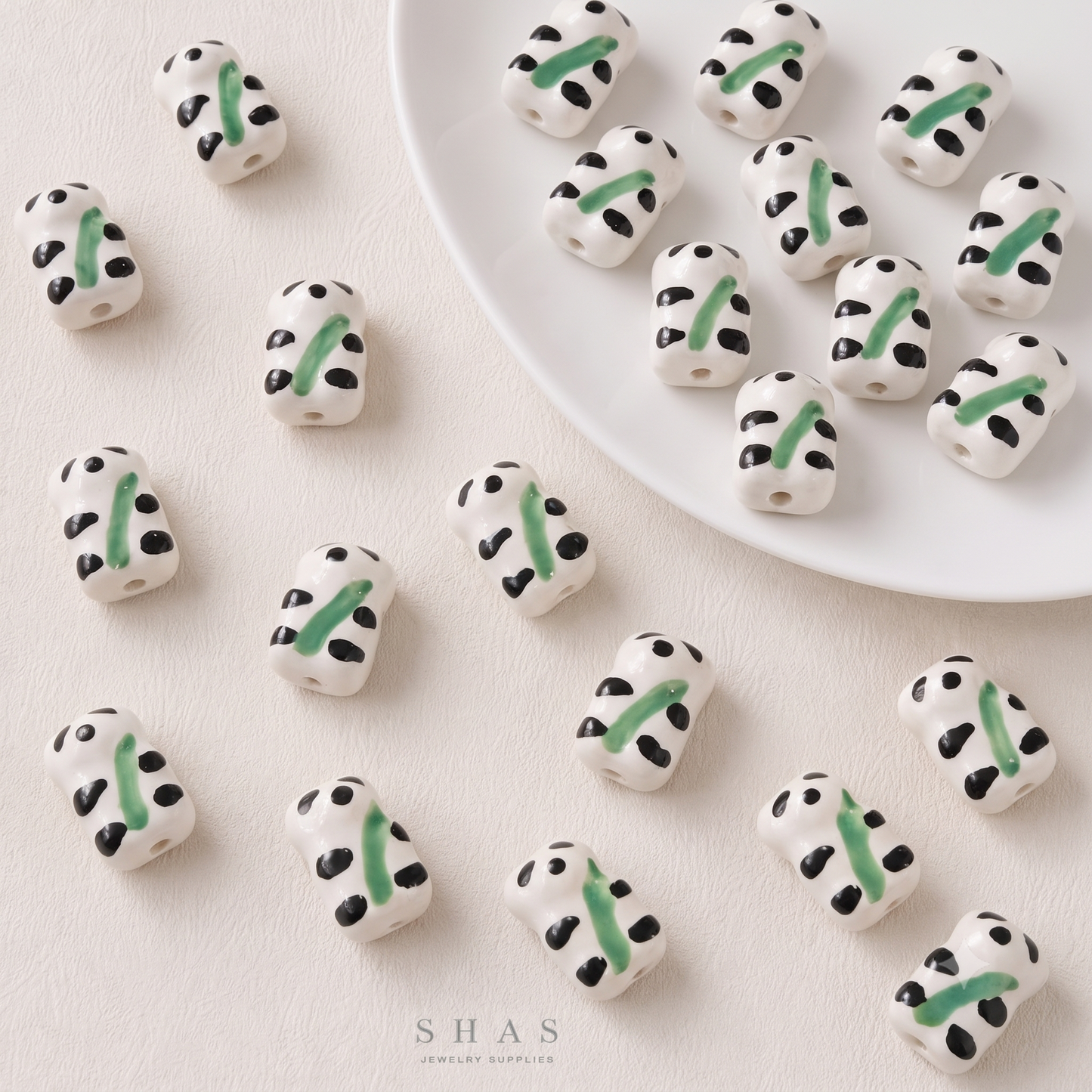 PCB10B Bamboo Panda Hand-Painted Ceramic Bead ( 1 pc ) Porcelian Ceramic