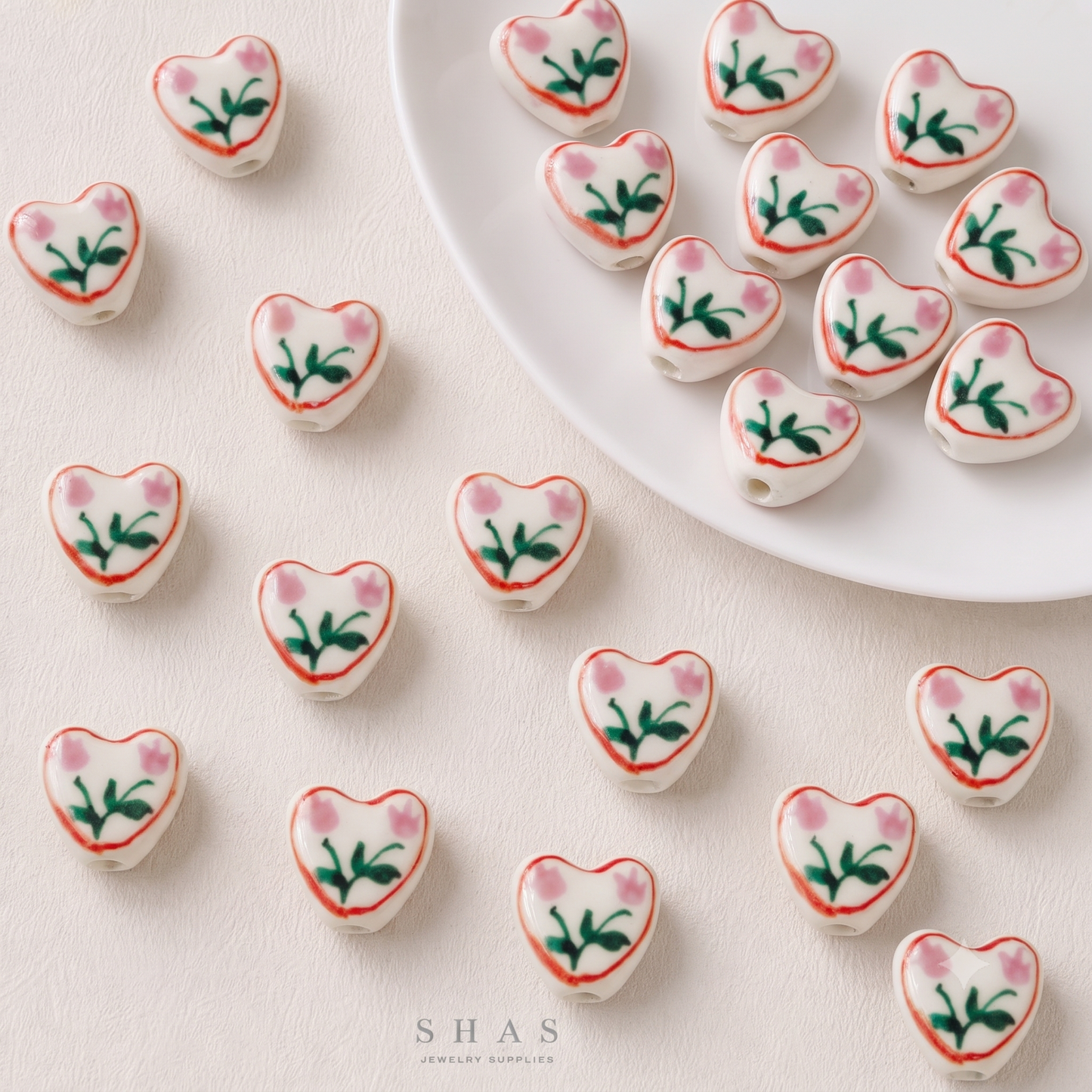 PCB10H Tulip Heart Hand-Painted Ceramic Bead ( 1 pc ) Porcelian Ceramic