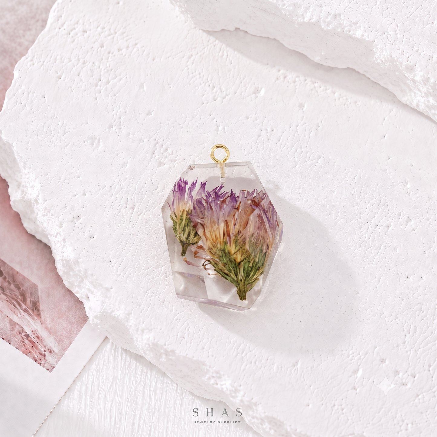 RFC03B Purple Hexagonal Resin Flower Pendant Charm ( 1 pc )