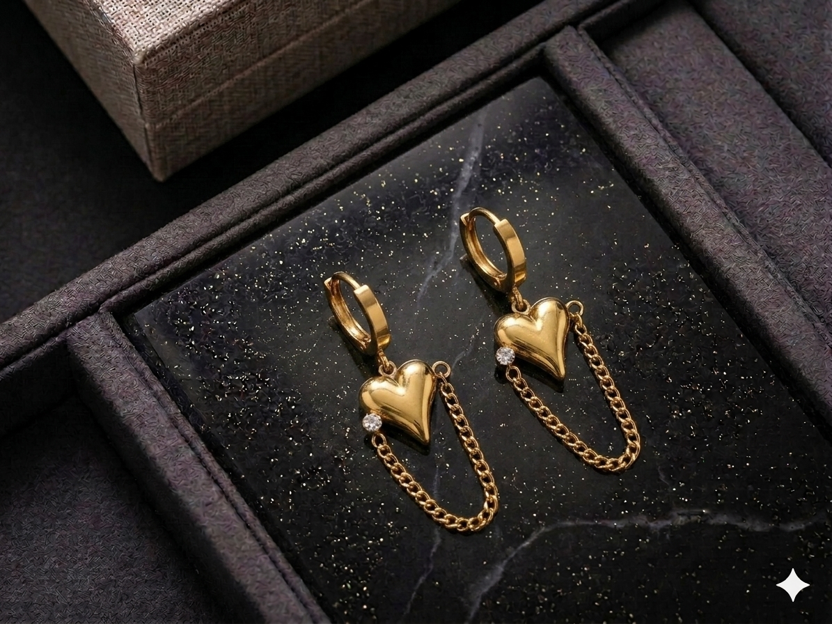 ESJ19G HEART CHAINED ZIRCON EARRING - 18K GOLD PVD plated 316 stainless steel - Anti tarnish