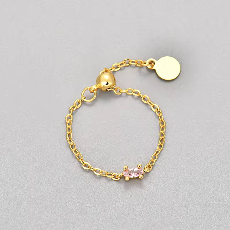 SJ 381 Pink Zircon chain Ring Adjustable - 18k gold plated brass - Anti tarnish - Wholesale
