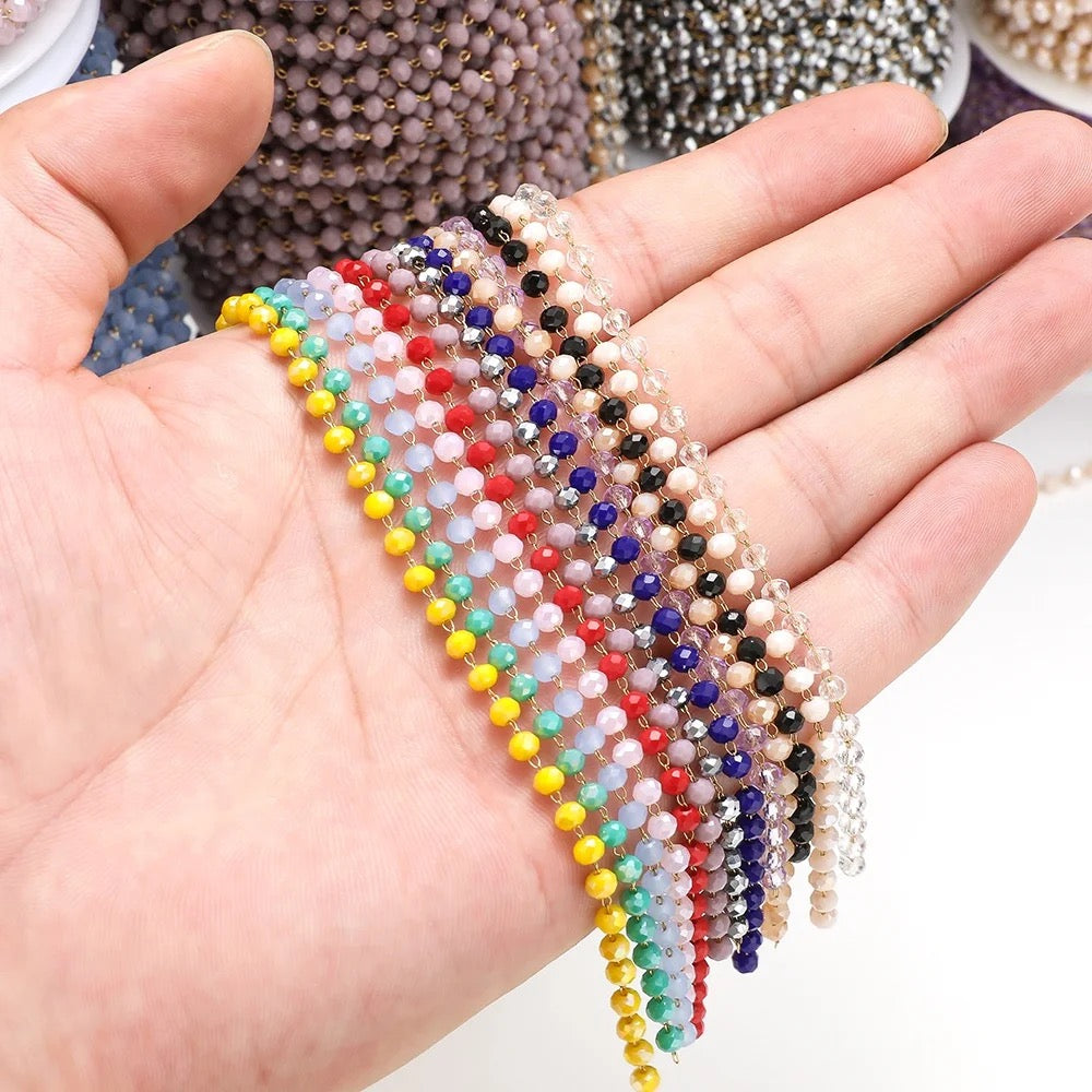 CN 228 Glass faceted beaded crystal gold Stainless steel chain ( 1 feet )Anti tarnish