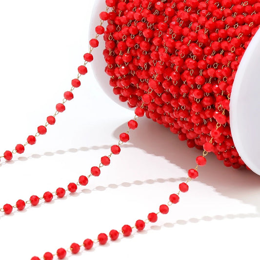 CN 228 Glass faceted beaded crystal gold Stainless steel chain ( 1 feet )Anti tarnish