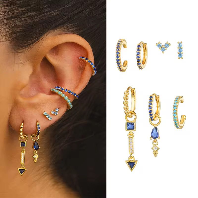 STJ01C Sapphire Blue Ear Curation 7 piece Set 18k Gold copper plated