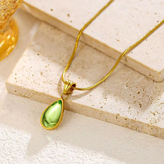 NSJ35B Green Waterdrop Glass Necklace - 18k Gold PVD plated stainless steel - Anti tarnish