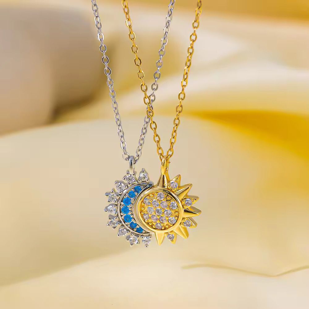 SJ 459 - sun and moon zircon couple necklace- 18k Gold PVD plated stainless steel - Anti tarnish
