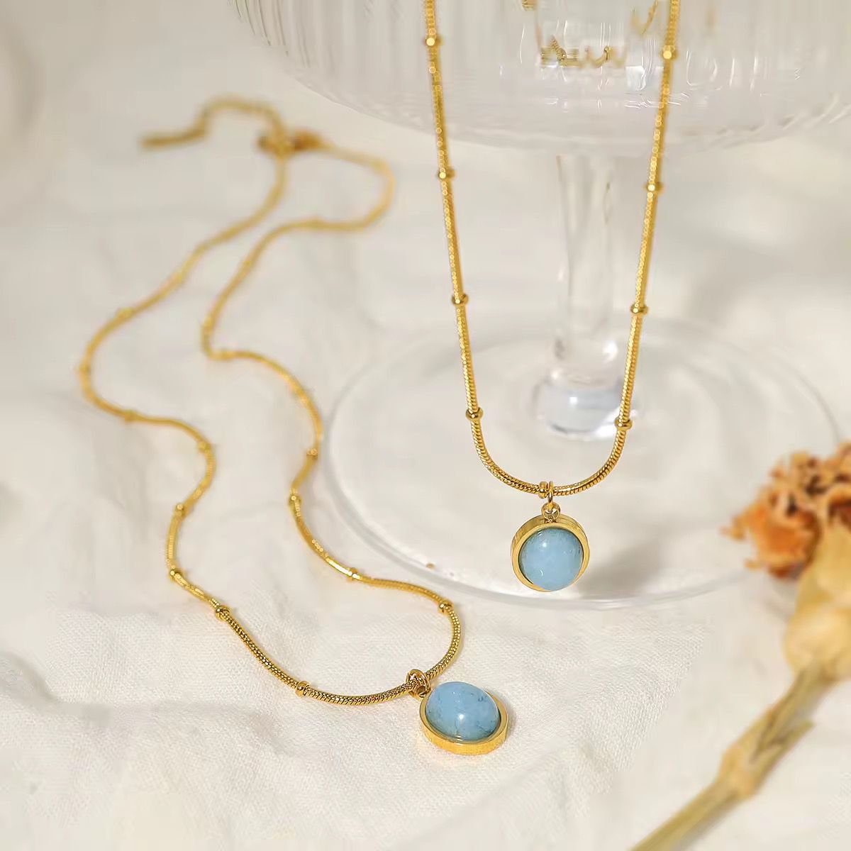 SJ 461- Natural stone oval pendant necklace - 18k Gold PVD plated stainless steel - Anti tarnish