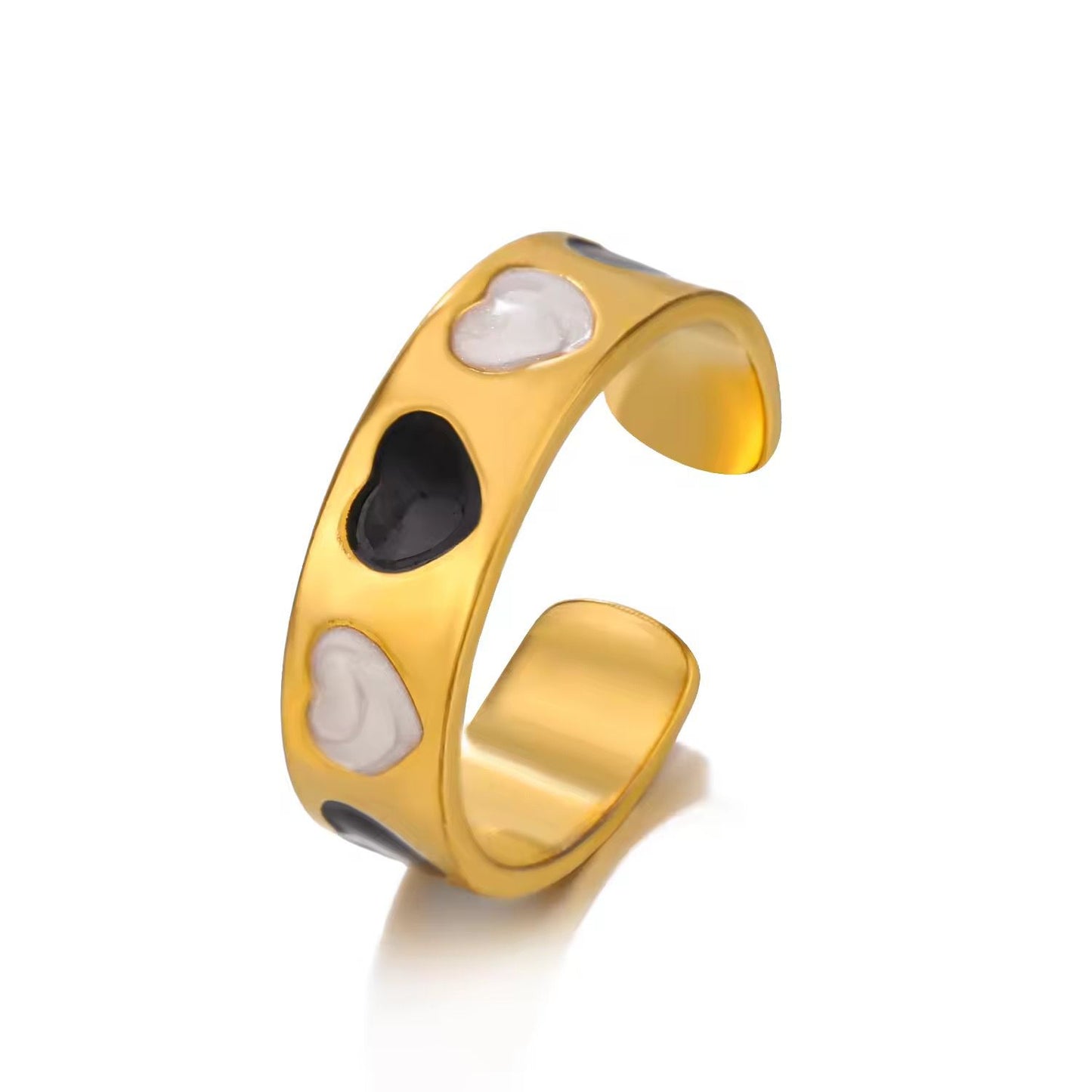 SJ 467 - Black and white heart Ring adjustable -18k Gold PVD plated stainless steel - Anti tarnish