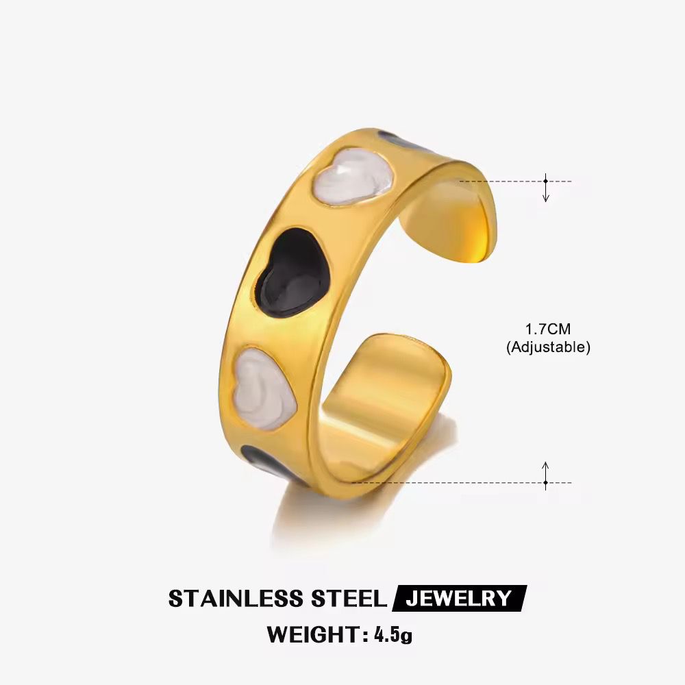 SJ 467 - Black and white heart Ring adjustable -18k Gold PVD plated stainless steel - Anti tarnish