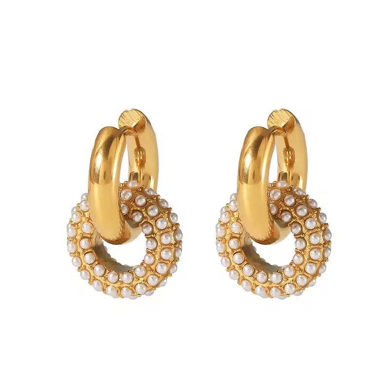 SJ 478- Luxury pearly zircon hoops -18k Gold PVD plated stainless steel - Anti tarnish
