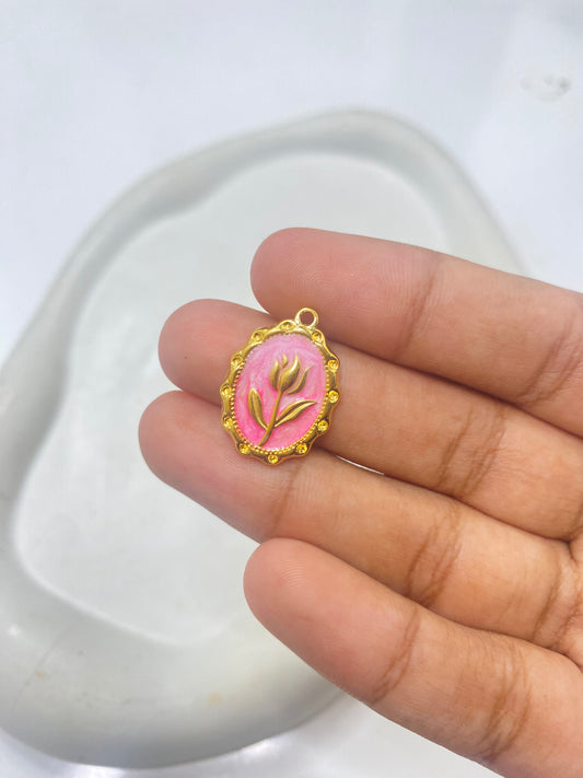SS 2623 Pink Floral Enamel charm 18k Gold plated stainless steel ( 1 piece ) Anti tarnish