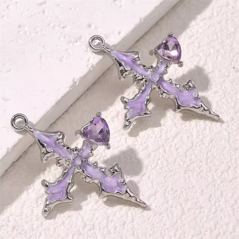 BBB 331 (g) Cross Purple Silver Plated Y2K charm ( 1 pc ) Tarnish Resistant ( 37:25 mm )