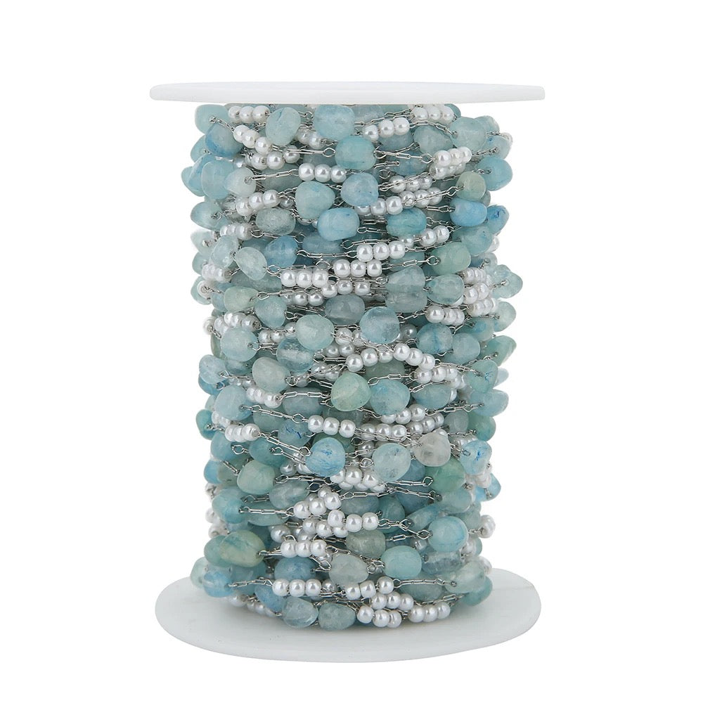 CN 242 Transparent Blue Pearl stone Stainless steel chain - per feet - Anti tarnish