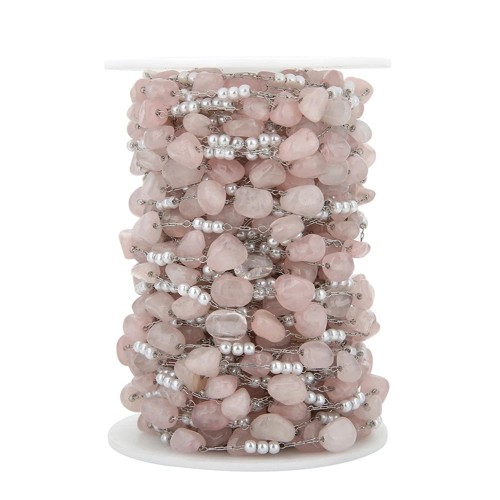 CN 243 Pink Pearl stone silver Stainless steel chain - per feet - Anti tarnish