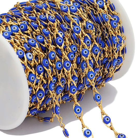 CN 250 Blue plastic bead eye embossed gold Stainless steel chain - per feet - Anti tarnish