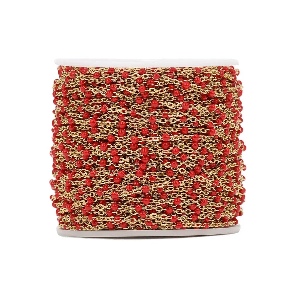 CN 262 Red enamel bead gold Stainless steel chain - per feet - Anti tarnish