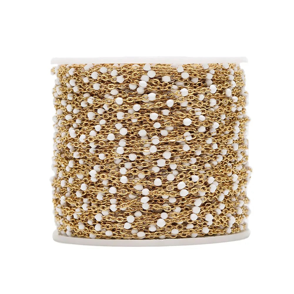 CN 260 White enamel bead gold Stainless steel chain - per feet - Anti tarnish