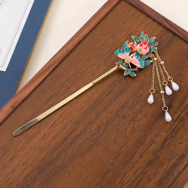 HA 34 Floral Vintage Hair Stick with Dangling Tassel Drop - Retro korean Style ( 1 pc )