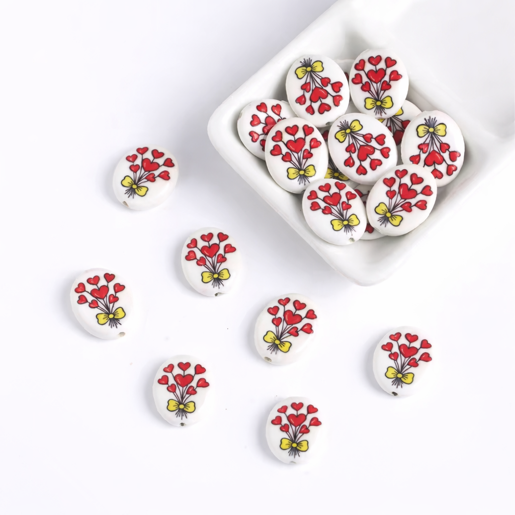 BBB 301 (e) Red Flower Bunch Oval Ceramic Bead ( 1 pc ) Porcelian Ceramic ( 17:20 mm )