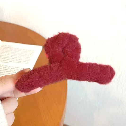 HA 01 (i) Maroon Red Plush Fluffy Hair Claw ( 1 pc )