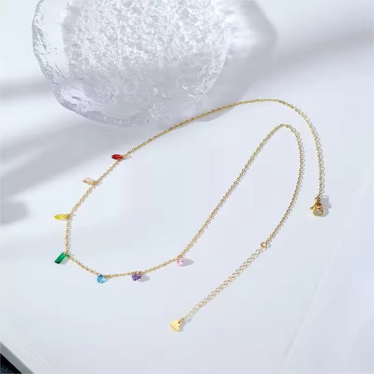 NSJ35E Multi Colour stone dainty chain Necklace - 18k stainless steel - Anti tarnish