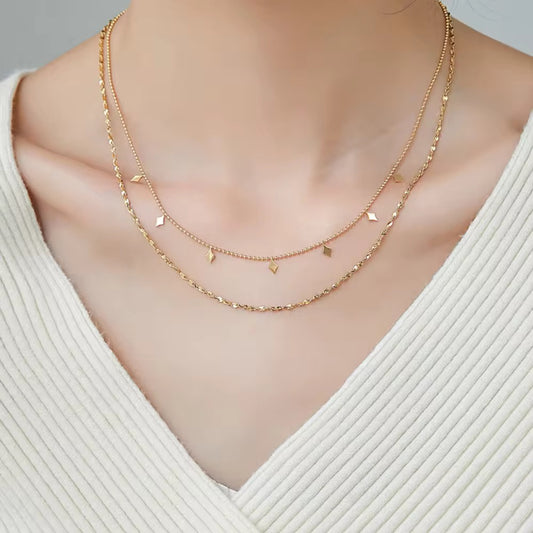NSJ39B Double Layered Rhombus Dangling Minimalistic Necklace - 18k Gold PVD plated