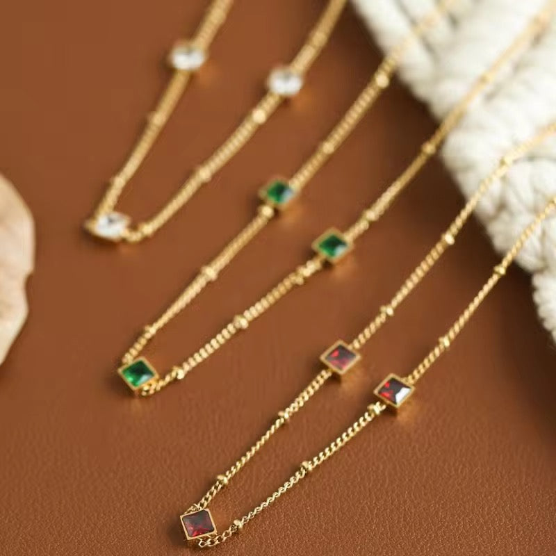 SS 114 Red Square Zircon Bead Necklace - 18k stainless steel - Anti tarnish - Wholesale