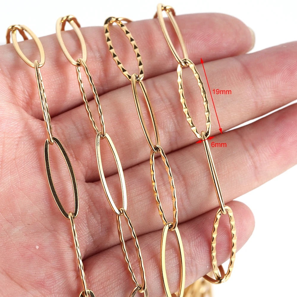 CN 140 Embosed Oval Gold Stainless steel chain - per feet - Anti tarnish