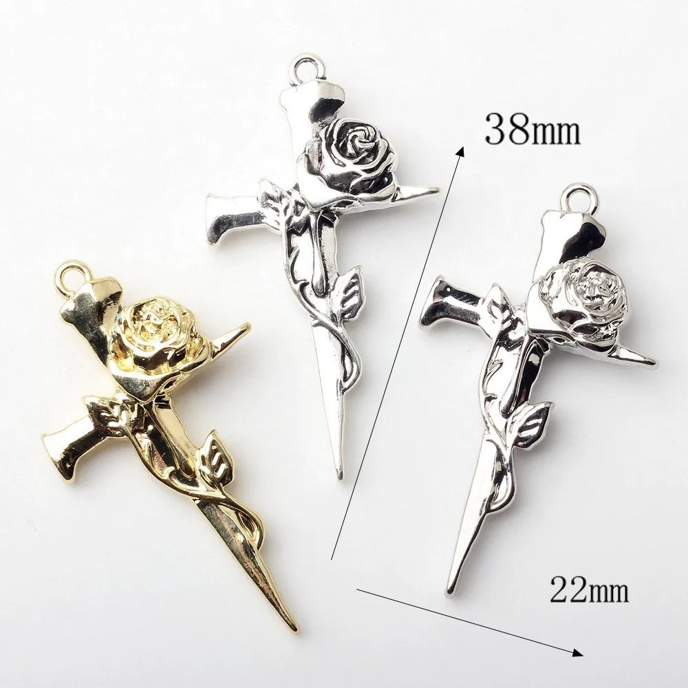 GP 1249 - Cross with rose silver plated charm - per piece - tarnish resistant