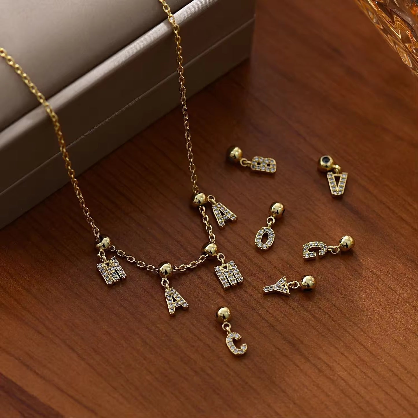 GP 2343 tiny zircon Alphabets 14k gold plated charm with bead connector ( 1 pc ) - anti tarnish