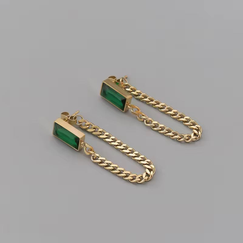 SJ 63 Green Zircon Chain Earrings - 18k Gold PVD Plated stainless steel - Anti tarnish - Wholesale