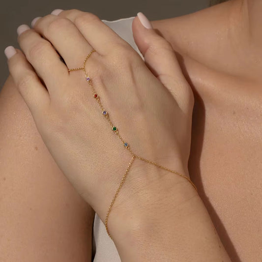 BSJ12D Dainty Colourful Zircon bracelet with ring - 18k gold PVD plated 316 stainless steel - Anti tarnish