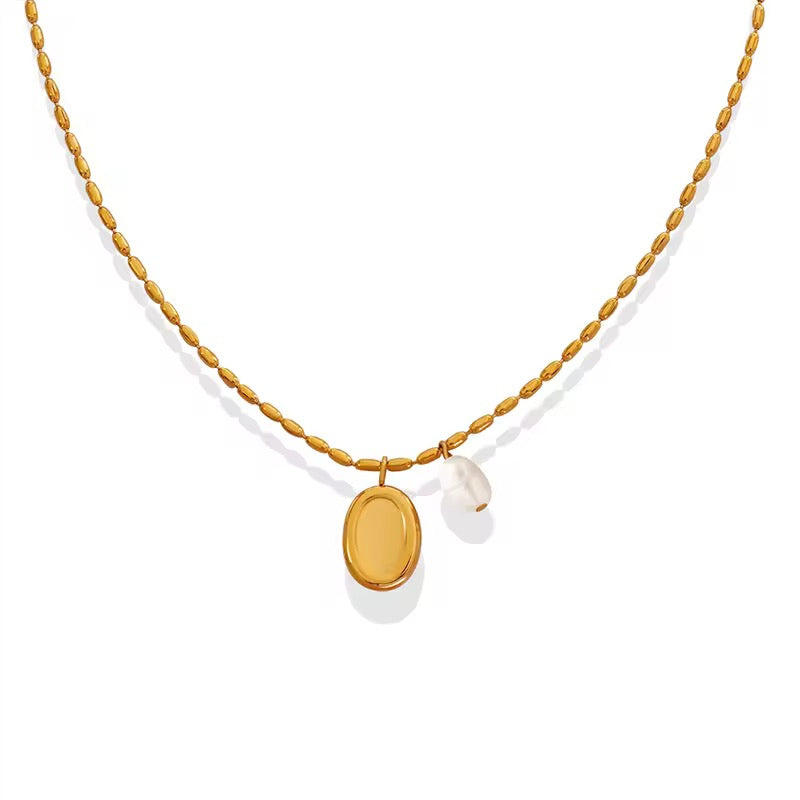 SS 163 Freshwater pearl pendant collarbone rice grain necklace- 18k gold plated stainless steel - Anti tarnish - Wholesale