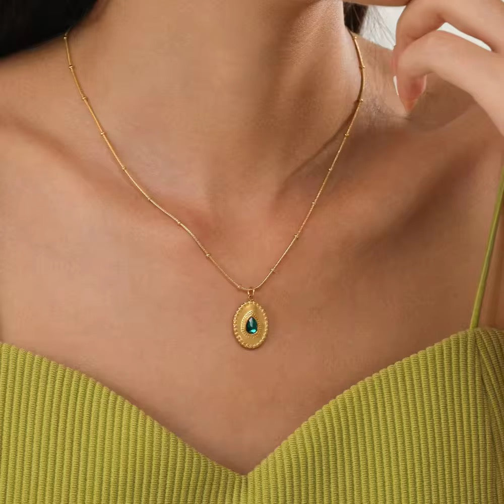 SJ 165 Turquoise inlay vintage necklace- 18k gold PVD plated stainless steel - Anti tarnish - Wholesale