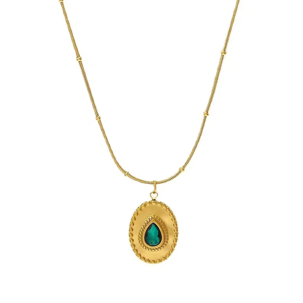 SS 165 Turquoise inlay vintage necklace- 18k gold plated stainless steel - Anti tarnish - Wholesale