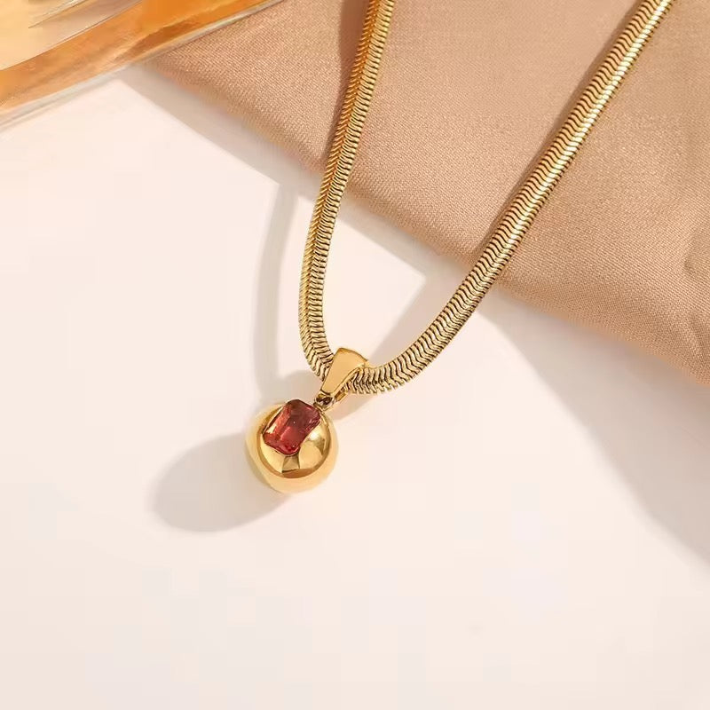 SS 167 Red Zircon Round ball snake bone chain necklace- 18k gold plated stainless steel - Anti tarnish - Wholesale