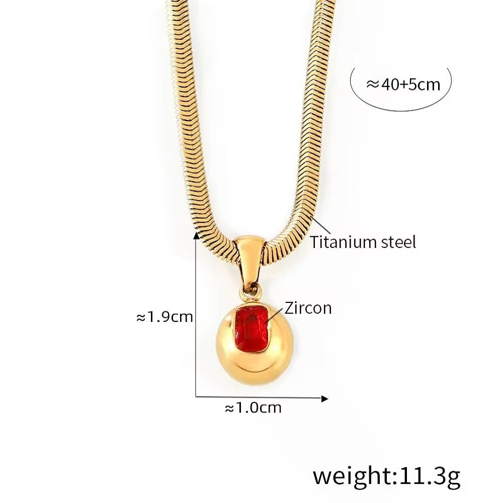 SS 167 Red Zircon Round ball snake bone chain necklace- 18k gold plated stainless steel - Anti tarnish - Wholesale