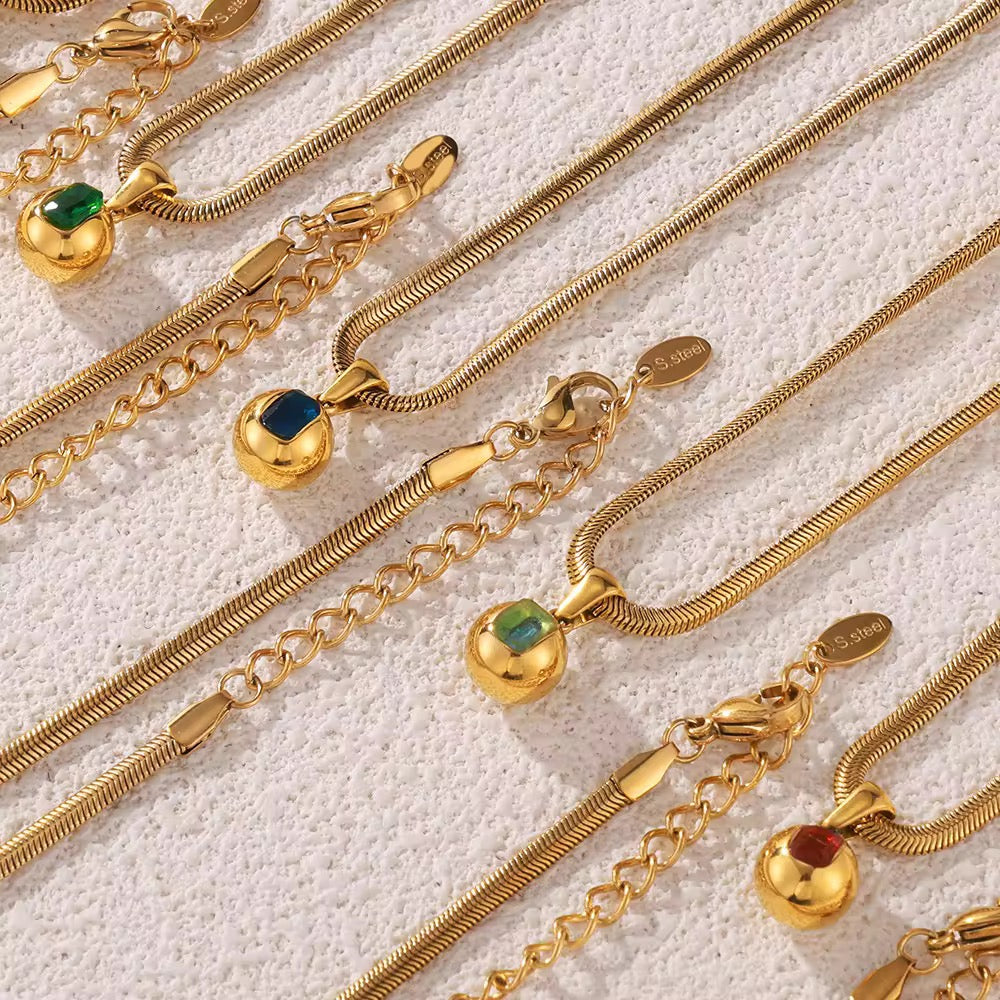 SS 167 Red Zircon Round ball snake bone chain necklace- 18k gold plated stainless steel - Anti tarnish - Wholesale