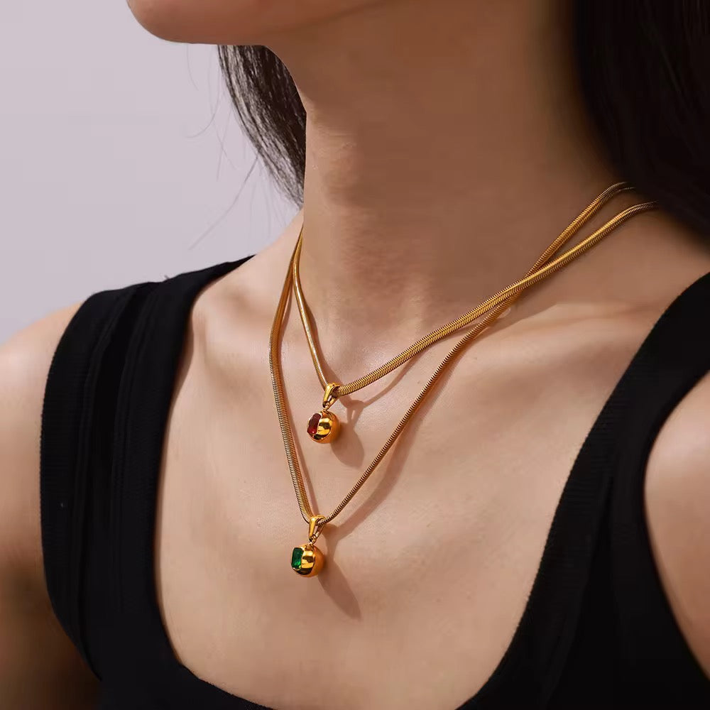 SJ 167 Red Zircon Round ball snake bone chain necklace- 18k gold PVD plated stainless steel - Anti tarnish - Wholesale