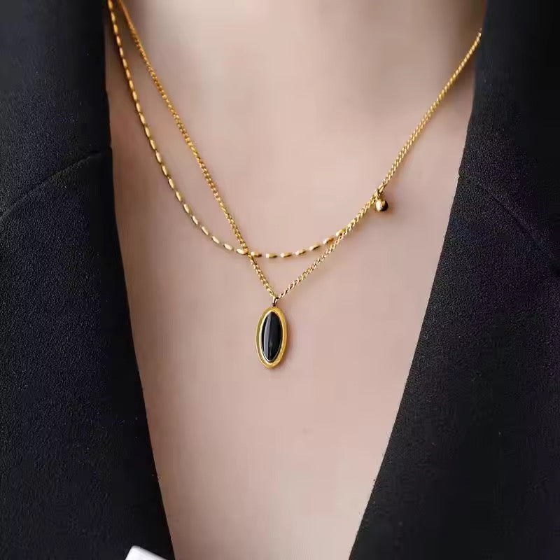 SS 168 Black Retro style double layer clavicle necklace- 18k gold plated stainless steel - Anti tarnish - Wholesale