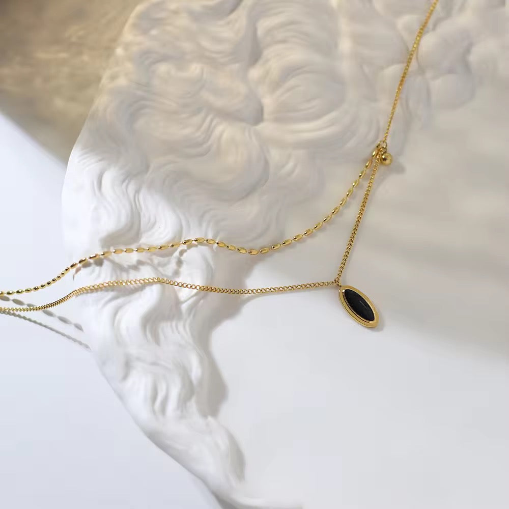 SJ 168 Black Retro style double layer clavicle necklace- 18k gold PVD plated stainless steel - Anti tarnish - Wholesale