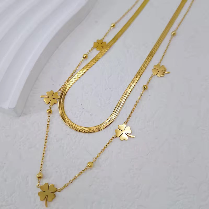 SS 170 Clover leaf double layer necklace- 18k gold plated stainless steel - Anti tarnish - Wholesale