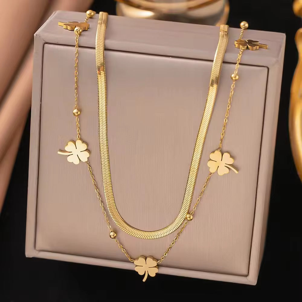SS 170 Clover leaf double layer necklace- 18k gold plated stainless steel - Anti tarnish - Wholesale