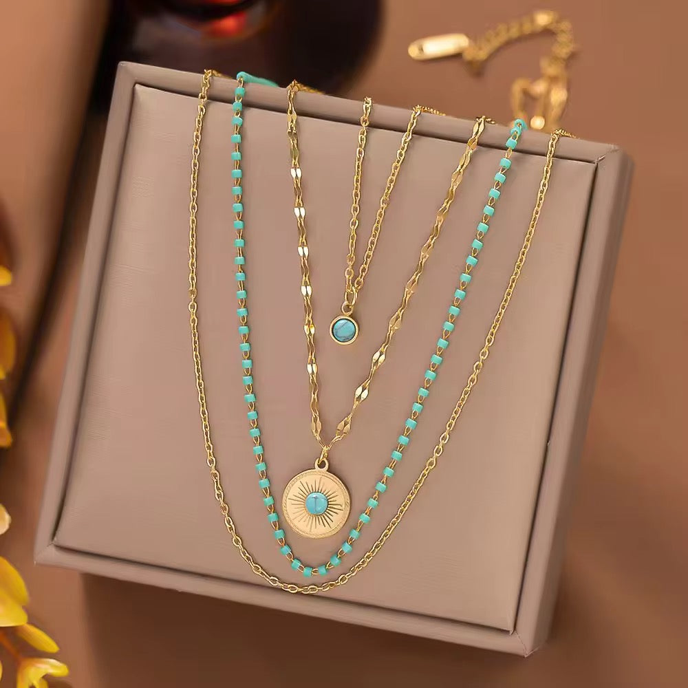 SJ 171 Turquoise 4 layer necklace- 18k gold PVD plated stainless steel - Anti tarnish - Wholesale