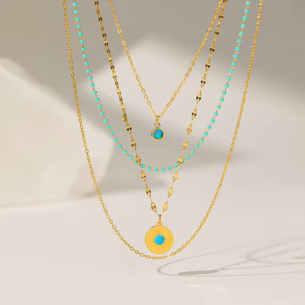 SS 171 Turquoise 4 layer necklace- 18k gold plated stainless steel - Anti tarnish - Wholesale