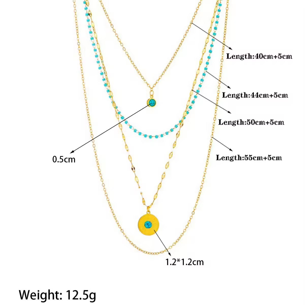 SS 171 Turquoise 4 layer necklace- 18k gold plated stainless steel - Anti tarnish - Wholesale